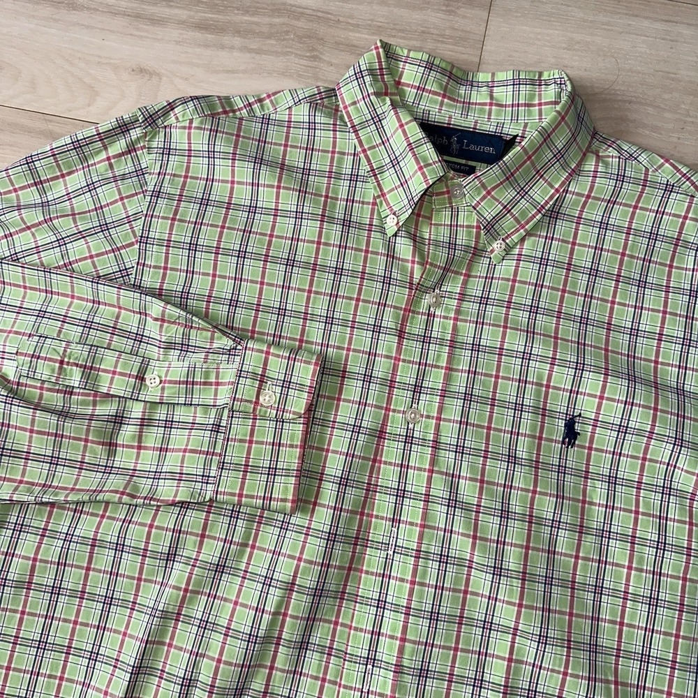 Polo Ralph Lauren Shirt Mens Xl Custom Fit Green Plaid Oxford Button Pony Spring